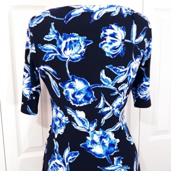 Lauren Ralph Lauren Dress Short Sleeve Floral on Navy Blue Sthetcy Size 6 - Picture 8 of 14